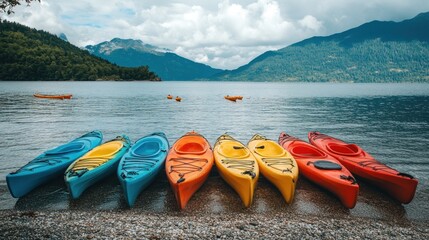 Colorful Kayaks by a Serene Mountain Lake
