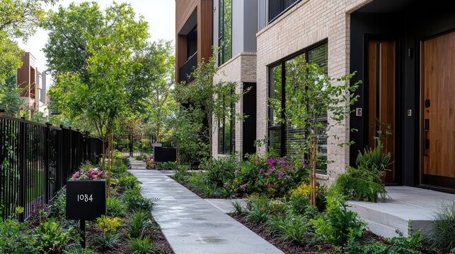 Modern townhouse walkway, urban garden, city living