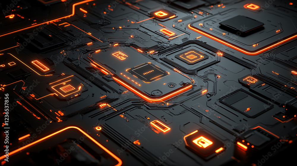 Poster futuristic circuit board design with glowing orange accents and intricate details on a dark backgrou