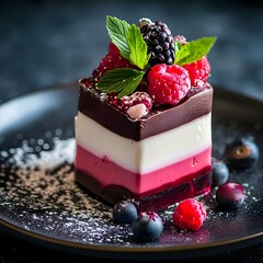 Layered desserts featuring delicate textures and rich flavors, beautifully assembled for an elegant and indulgent gourmet experience.