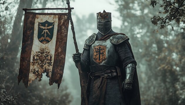 Medieval lord with a heraldic banner battle armor and an ancient family crest standing in a misty forest