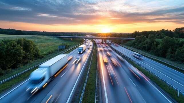 Freeway overpass junction with fast moving traffic cars and trucks in American rural area at sunset Interstate transportation infrastructure in USA