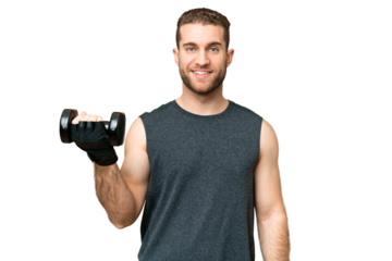 Young sport man making weightlifting over isolated chroma key background smiling a lot
