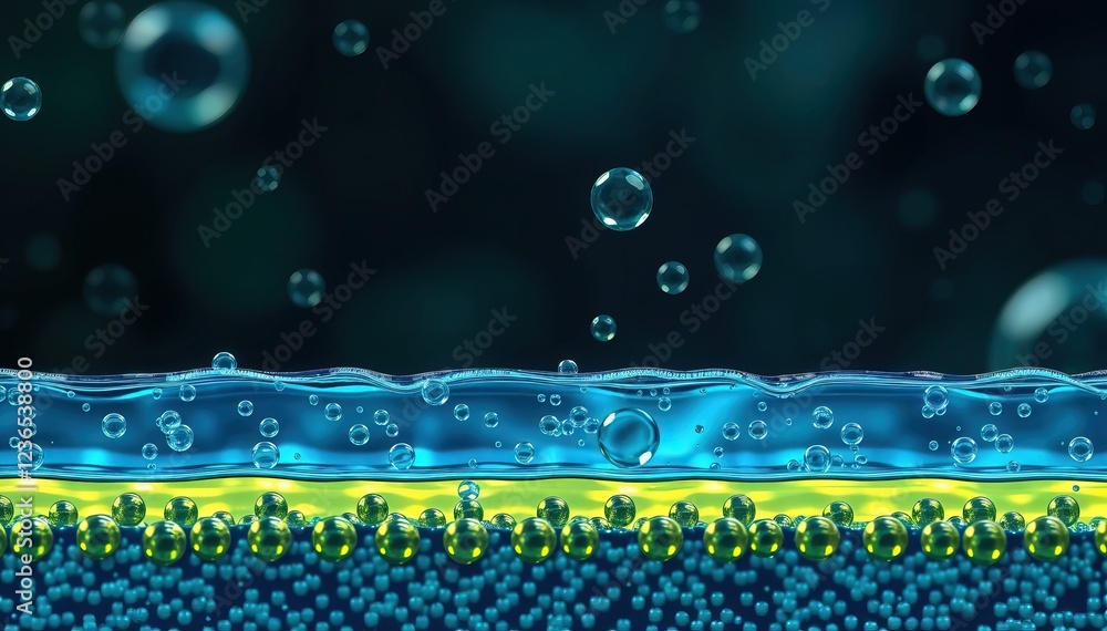 Poster microscopic view of liquid surface with suspended spheres and layered structure underneath