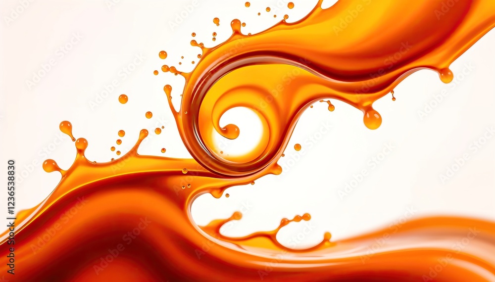 Poster amber liquid swirls and splashes in dynamic abstract pattern against white background