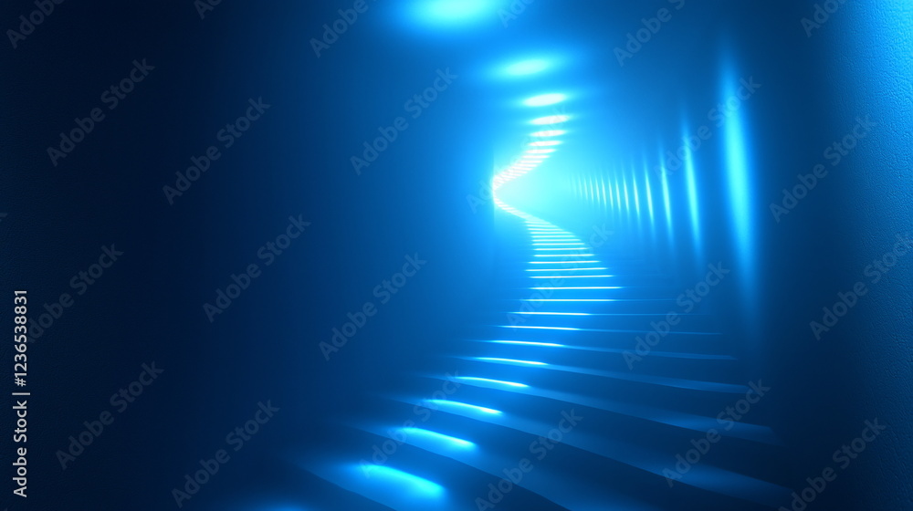 Poster bright blue light illuminating a swirling tunnel with stairs leading to a glowing exit, creating a s