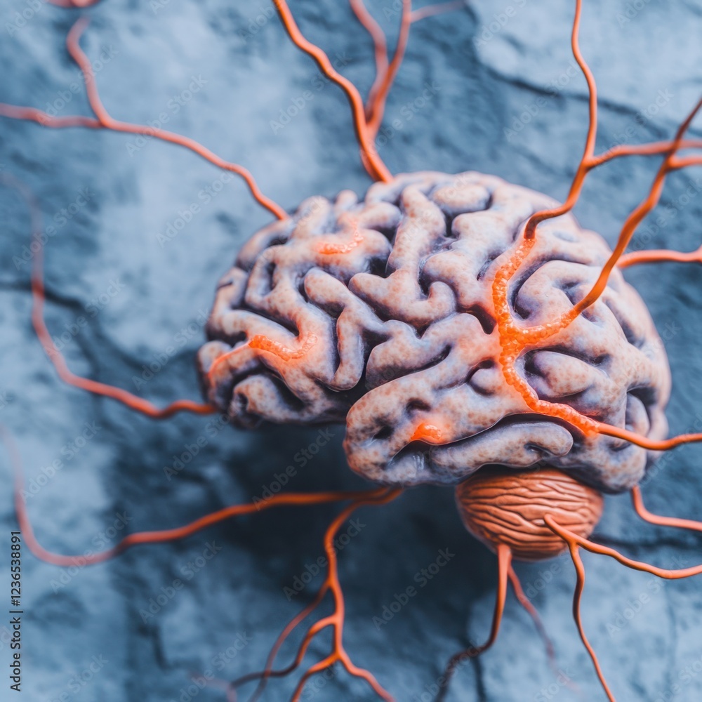 Poster unique and artistic representation of human brain with vivid orange neural pathways against textured