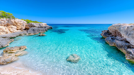 Turquoise cove beach, clear water, rocky shores, sunny sky, travel postcard