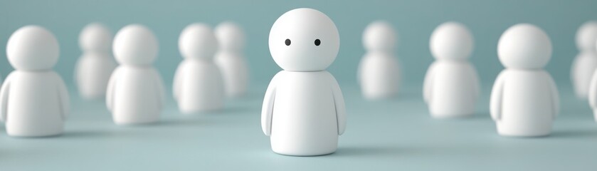 Minimalist scene featuring small white figures on a soft blue background, highlighting individuality amidst a crowd, perfect for themes of uniqueness and diversity