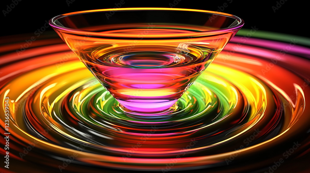 Poster colorful liquid swirling in a transparent glass bowl creating vibrant reflections on the surface wit