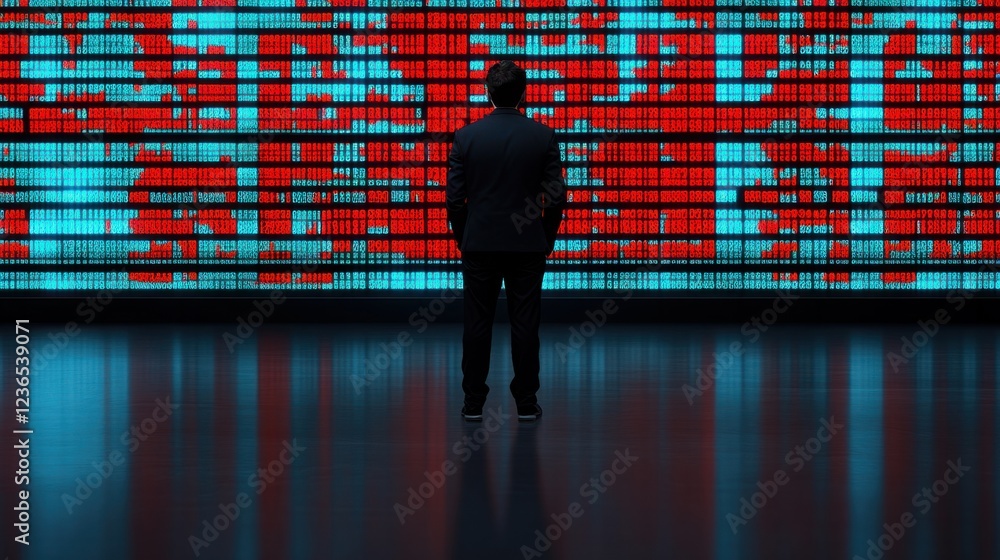 Poster a solitary figure in a dark suit standing before a vibrant abstract digital wall of red and blue pat