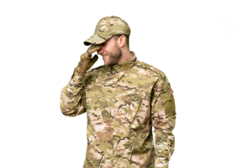 Military man over isolated chroma key background laughing