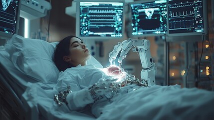 Robotic surgery A female patient peacefully sleeps while a robot performs a delicate heart procedure.