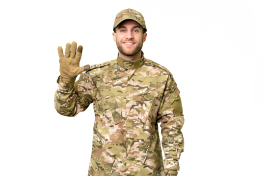 Military man over isolated chroma key background counting five with fingers