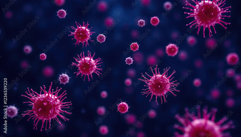 Poster Microscopic view of numerous viruses pathogens similar entities in dark background Illustrative representation of viral infection disease