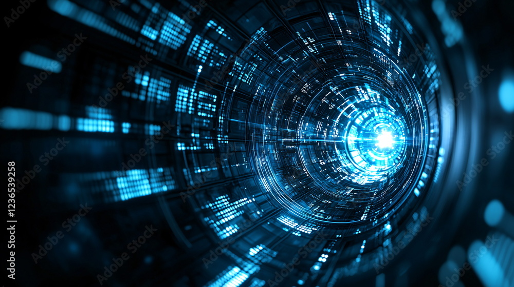 Poster bright blue digital tunnel with illuminated patterns and glowing effects, creating a futuristic and 