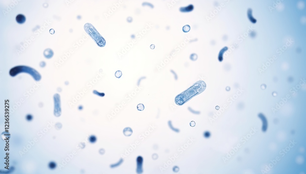 Poster Microscopic view of various bacteria and microbes floating in fluid representation of microbiological environment