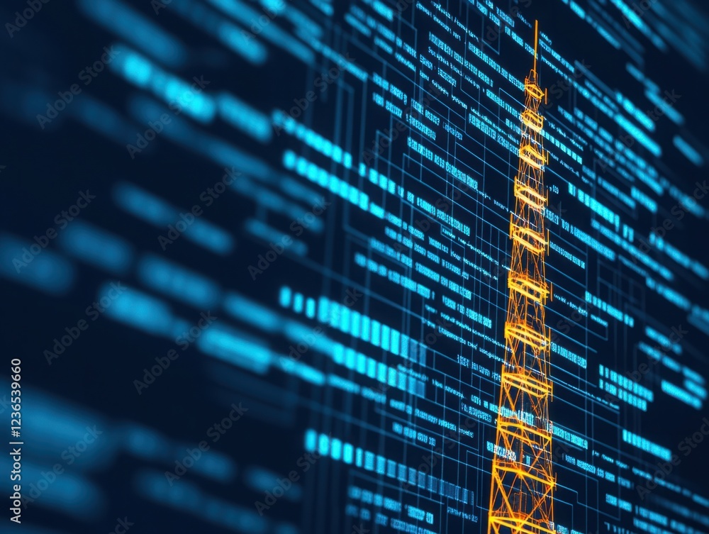 Aufkleber abstract digital illustration of a glowing communication tower over futuristic blue data matrix back