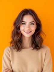 Fototapeta premium Happy young woman in a beige sweater standing with arms crossed against a vibrant yellow background. Bright smile and friendly look.