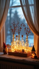 A cozy winter scene features illuminated glass bottles filled with twinkling lights, surrounded by charming decorations. The soft glow creates a warm atmosphere, inviting feelings of nostalgia and