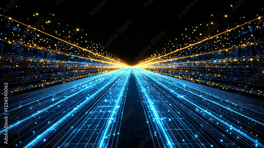 Poster bright blue and orange light trails extending into the distance against a dark background creating a