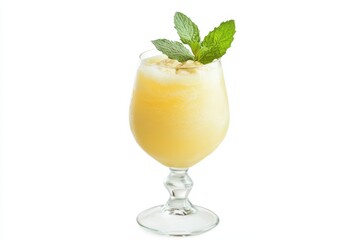 Deliciously creamy banana smoothie in a stylish glass with fresh mint leaves garnishing the top