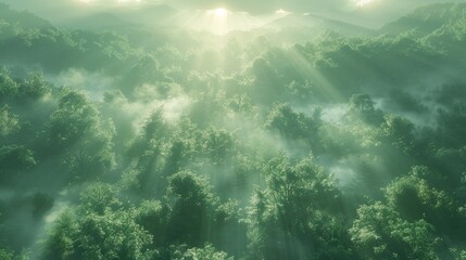 Naklejka premium Misty Green Forest Sunrise Aerial View Landscape Photo