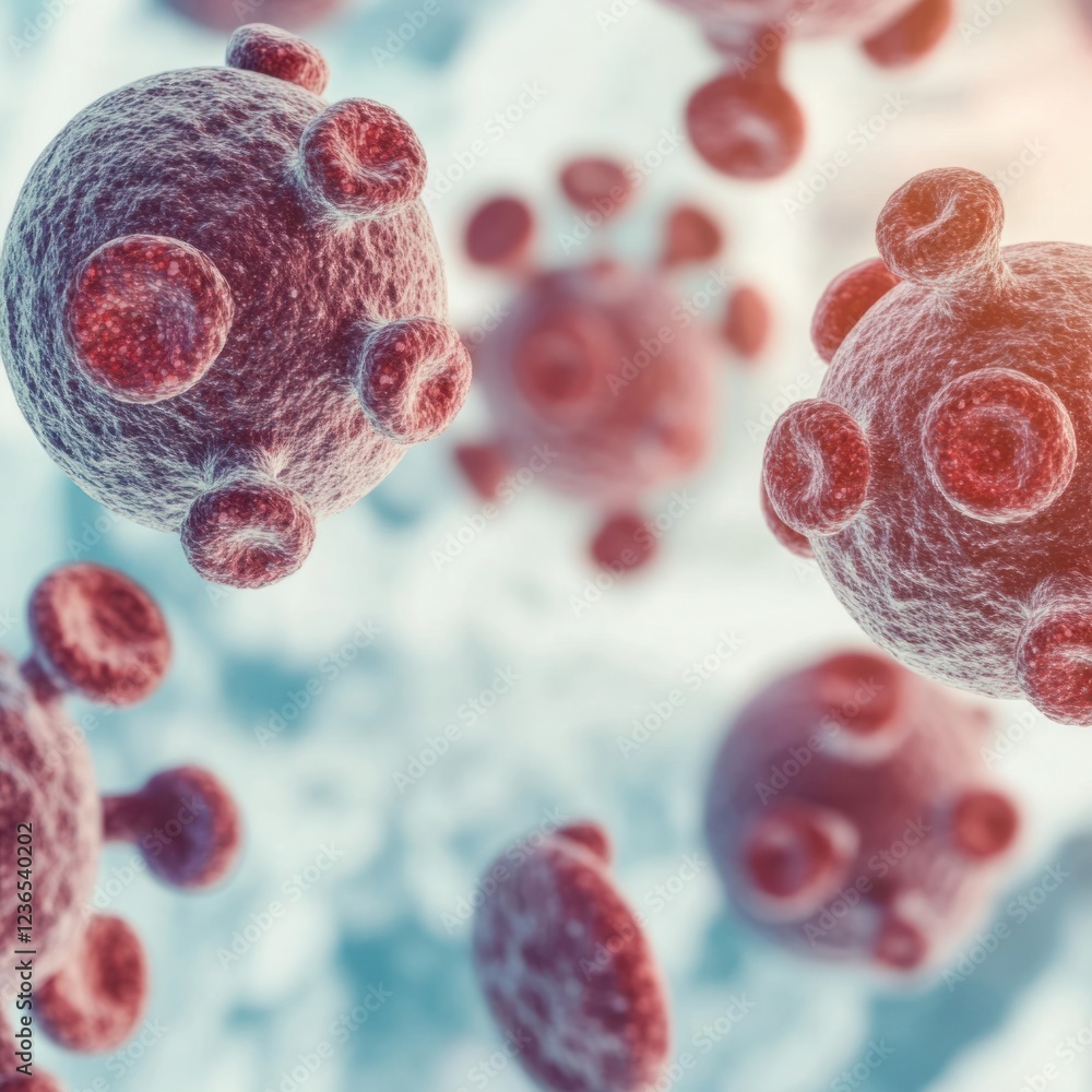 Poster close-up view of microscopic virus particles with detailed structure, highlighting spikes and surfac