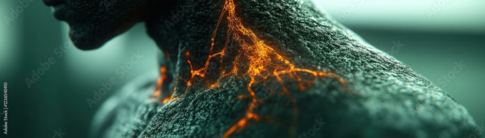 Poster fiery flow of light beneath a stone-like surface with intricate orange patterns highlighting human a