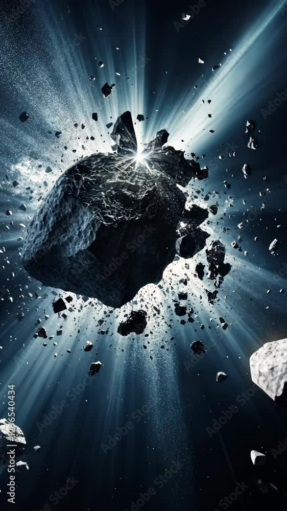Poster asteroid breaks apart in space, casting dramatic light across the cosmos with fragments scattering i