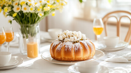 A beautifully arranged festive breakfast table features a homemade kulich adorned with flowers. The setting is warm and inviting, enhanced by bright natural light. Perfect for Easter celebrations