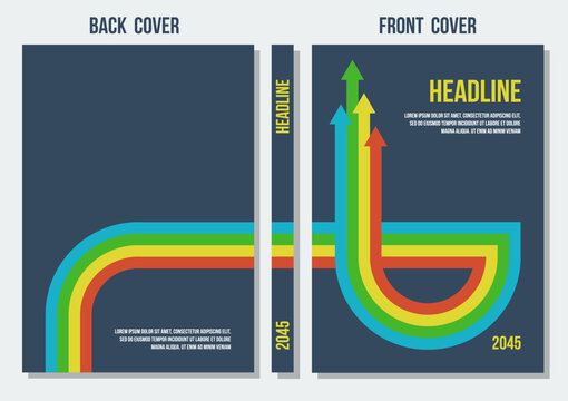 back and front dark gray covers with red yellow green blue arrows, vector retro styled template, business strategy or corporate annual report template