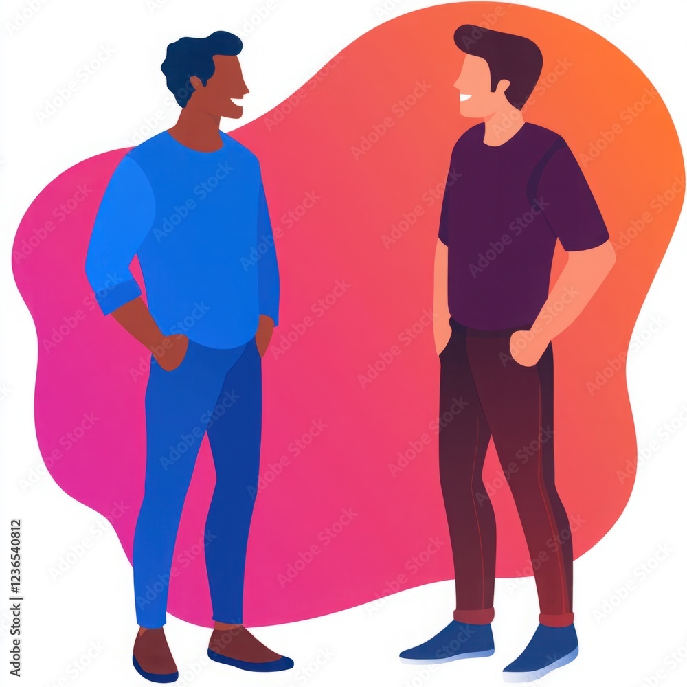 Poster two young men engaging in friendly conversation with colorful background illustrating connection and