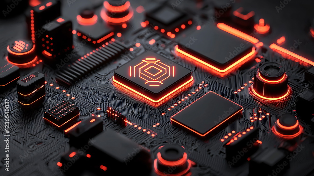 Poster glossy black circuit board with illuminated orange components and intricate patterns, showcasing adv