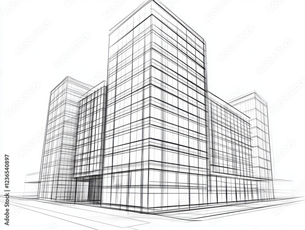 Aufkleber architectural wireframe sketch of modern commercial building showcasing lines and perspective in min