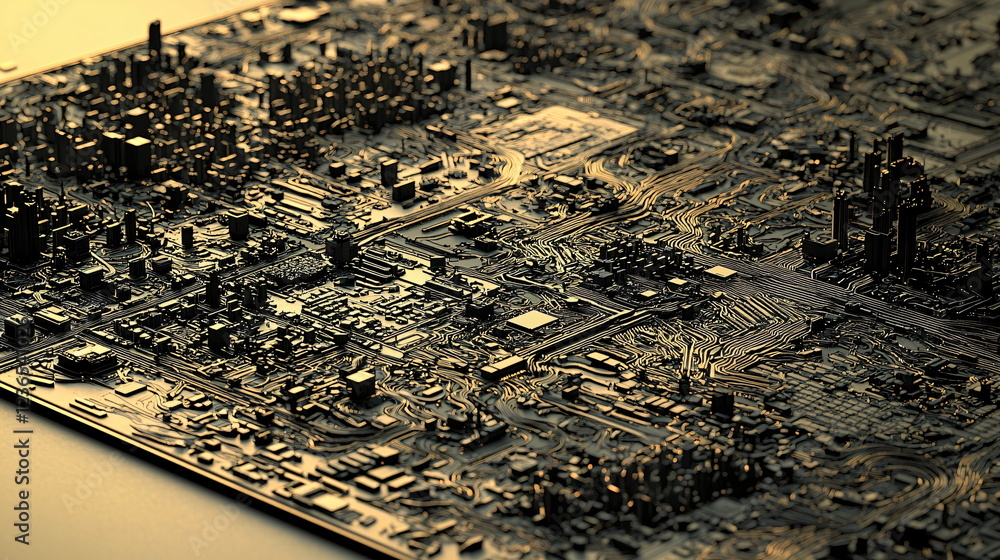 Poster urban landscape made of circuit board patterns with intricate architectural details in a complex, me