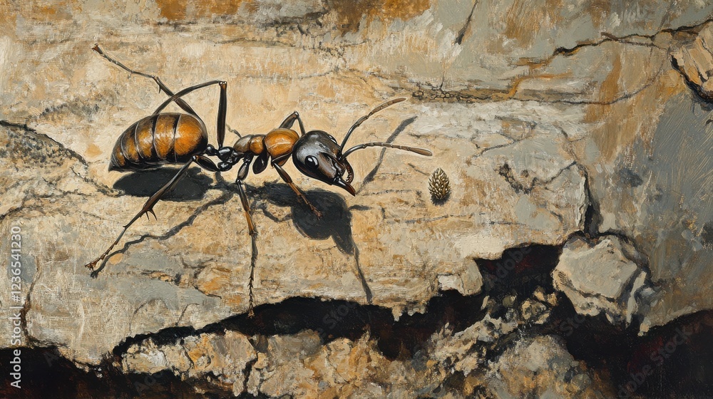 Poster Ant exploring textured bark under soft natural light in a forest setting showcasing intricate details of nature during a sunny day