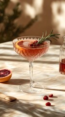 A trendy health-boosting mocktail shrub with ice and fresh fruit pieces, elegantly presented for a refreshing and vibrant drinking experience.