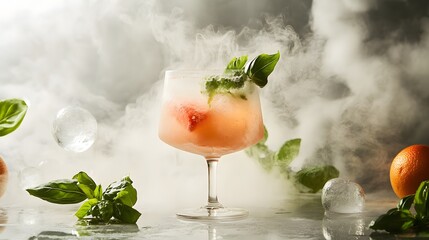 A trendy health-boosting mocktail shrub with ice and fresh fruit pieces, elegantly presented for a refreshing and vibrant drinking experience.