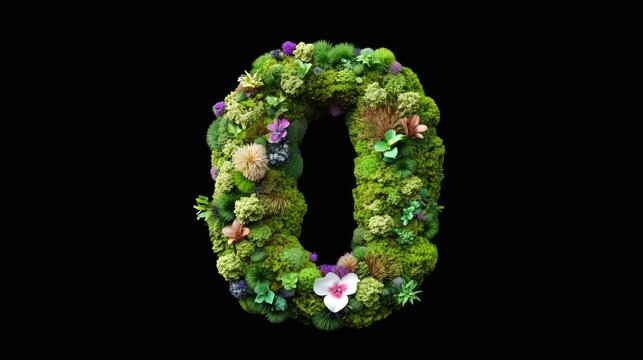 3D rendering of Number 0 made from moss and flowers isolated on black background minimalism simple and clean