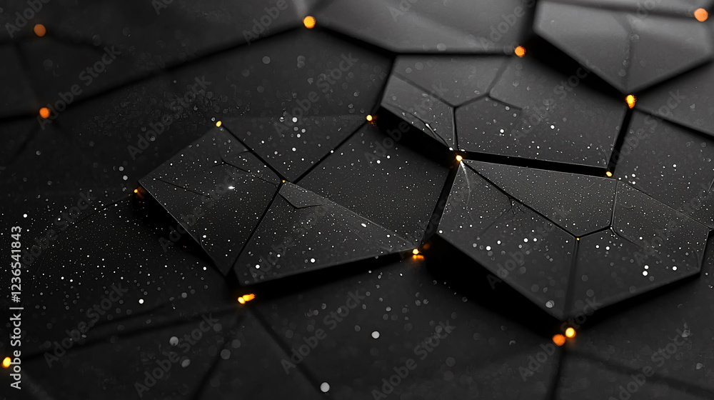 Poster textured black background with geometric shapes and glowing orange dots creating a modern and abstra