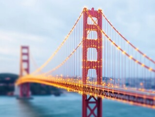 Fototapeta premium Golden Gate Bridge at Dusk with Sparkling Lights and Beautiful Scenery of San Francisco Bay, California, USA, Long Exposure Photography