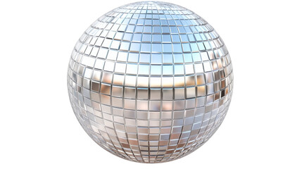 Rotating silver disco ball reflecting light on transparent background