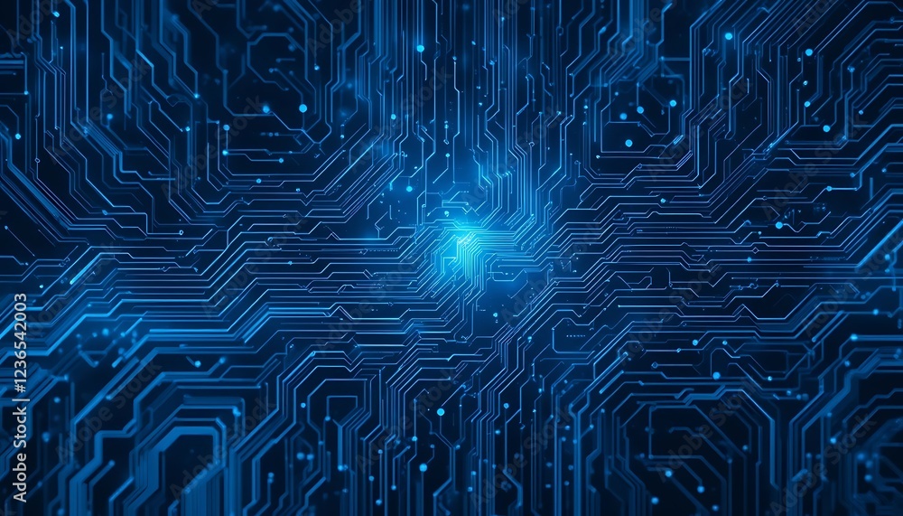 Poster abstract blue circuitry: glowing network of lines and nodes
