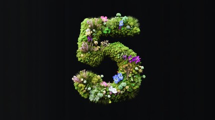 Fototapeta premium 3D rendering of Number 5 made from moss and flowers isolated on black background minimalism simple and clean