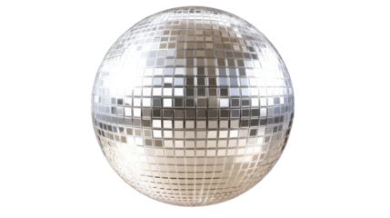 Rotating silver disco ball reflecting light on transparent background
