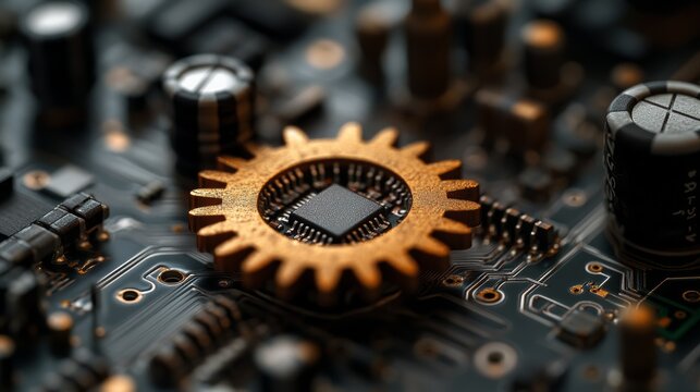 Close-up of a gold gear on a circuit board with a microchip at its center. - Powered by Adobe