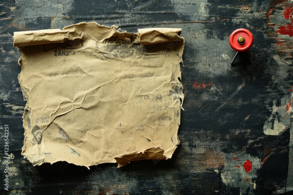 Poster torn vintage paper on a rustic wooden surface with a roll of tape beside it, suggesting a creative p
