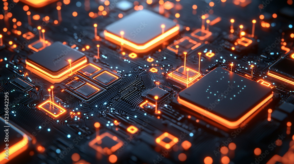 Poster glowing circuitry with vibrant orange accents and illuminated microchips on a dark background highli