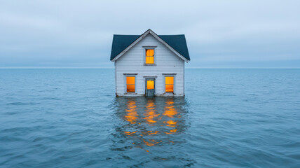 coastal house partially submerged in water, evoking sense of isolation and change, Global Warming and Climate Crisis Themed